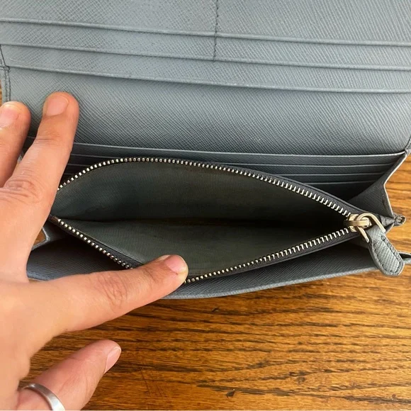 Prada Saffiano Leather Light Blue Metal Flap Bar Continental Wallet - Picture 9 of 13